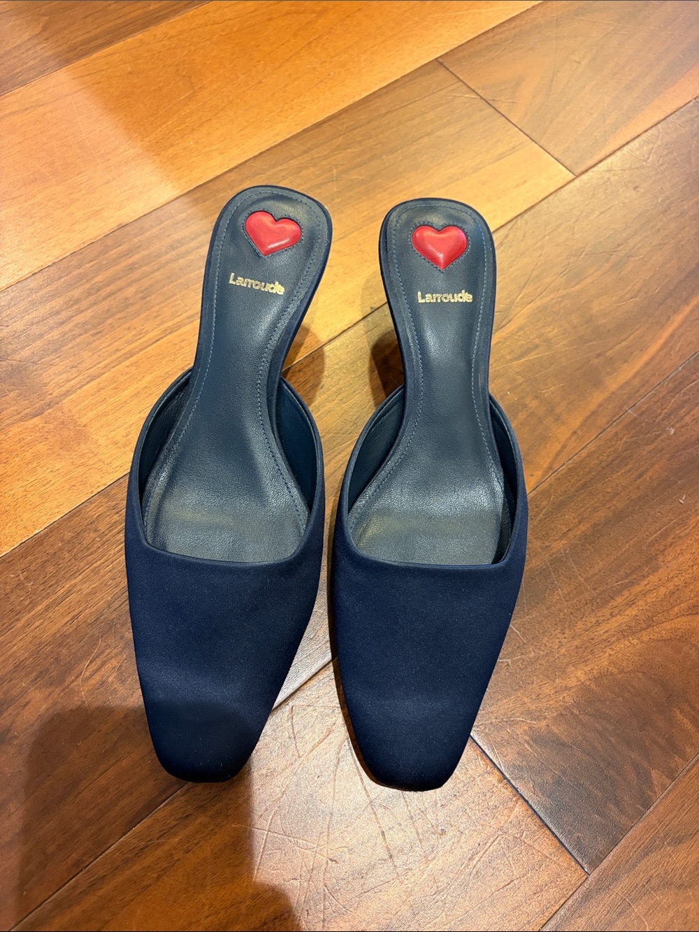 Larroude Navy Square-Toe Mules with Red Heart Insole